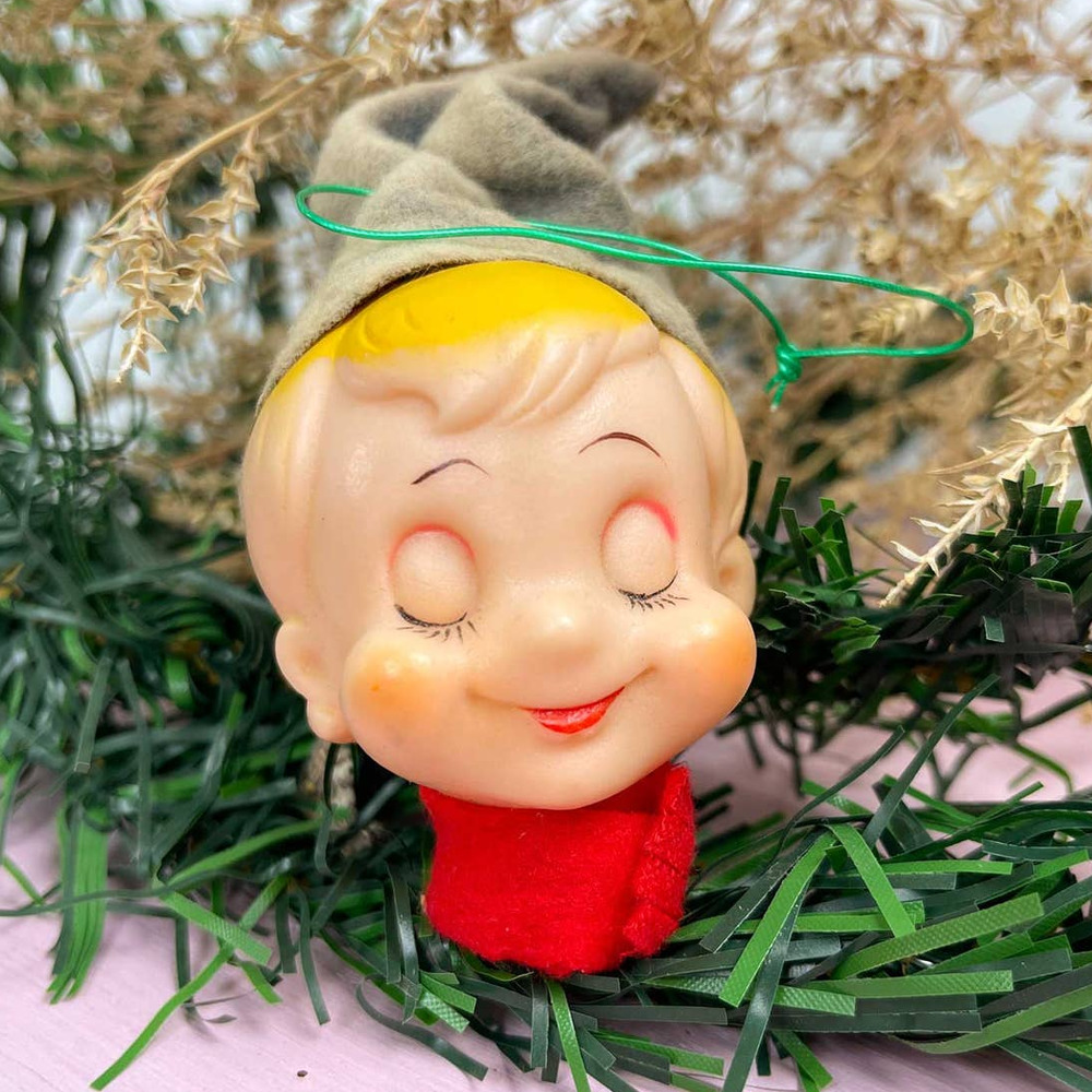 Vintage Pixie Elf Head Ornament Kitschy Holiday Christmas Decor Japan